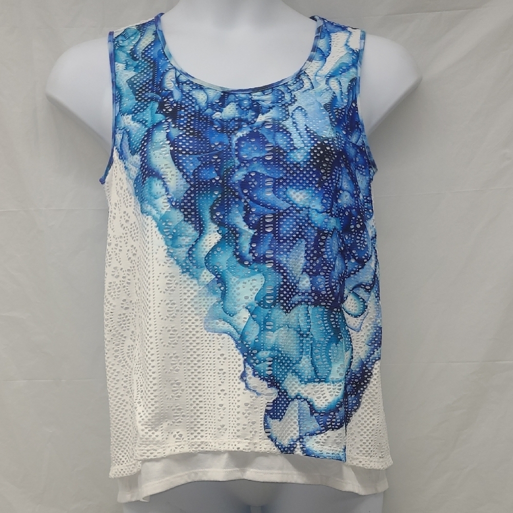 Tank Top Sleeveless Blouse Lined Mesh White Contrast Print Blue Watercolor Beach